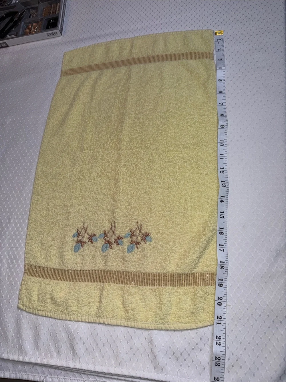 Cannon Vintage Yellow Embroidered Hand Towel with Blue flowers. Made in the USA